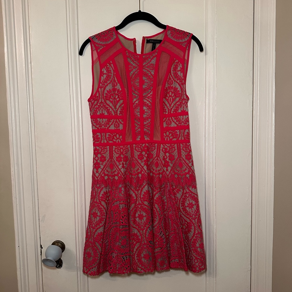 BCBGMaxAzria Red Shira Burnout Lace Skater Dress